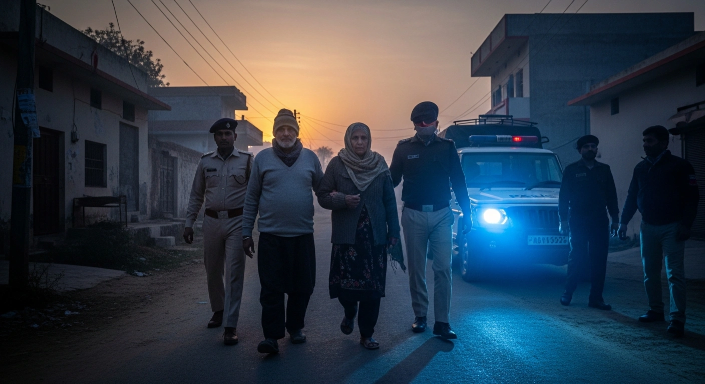 Shamsher Singh and Preetpal Kaur, parents of foreign-based gangster Goldy Brar, are escorted by uniformed police officers on a dimly lit street in Punjab following their arrest in connection with an extortion case.
