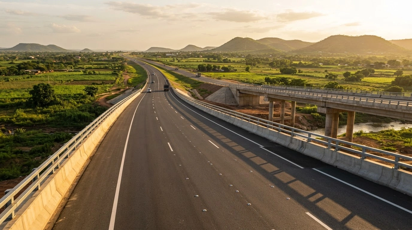 A newly commissioned asphalt road and bridge infrastructure project stretches through the rural landscape of Gombe State to improve regional connectivity.