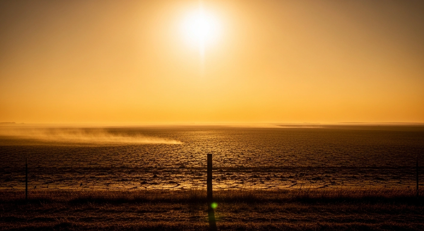 A scorched landscape in Goodland, Kansas, experiences extreme heat as shimmering air rises from the cracked, dry earth during a record-breaking temperature event.