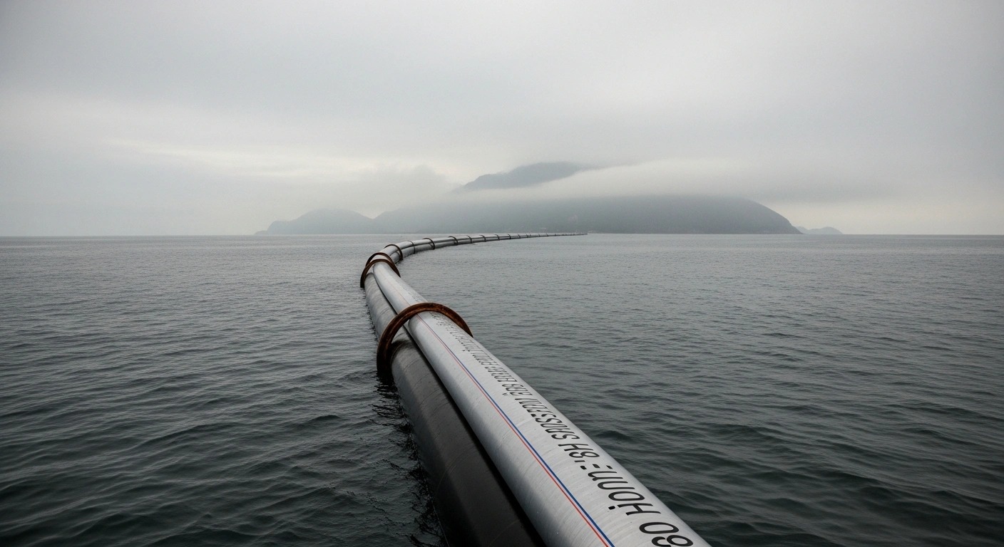 A colossal subsea fiber optic cable, part of Google's Firmina project, is seen partially submerged and stretching towards a hazy Brazilian coastline, visually representing the significant activation delays in Brazil due due to protracted regulatory approval processes.