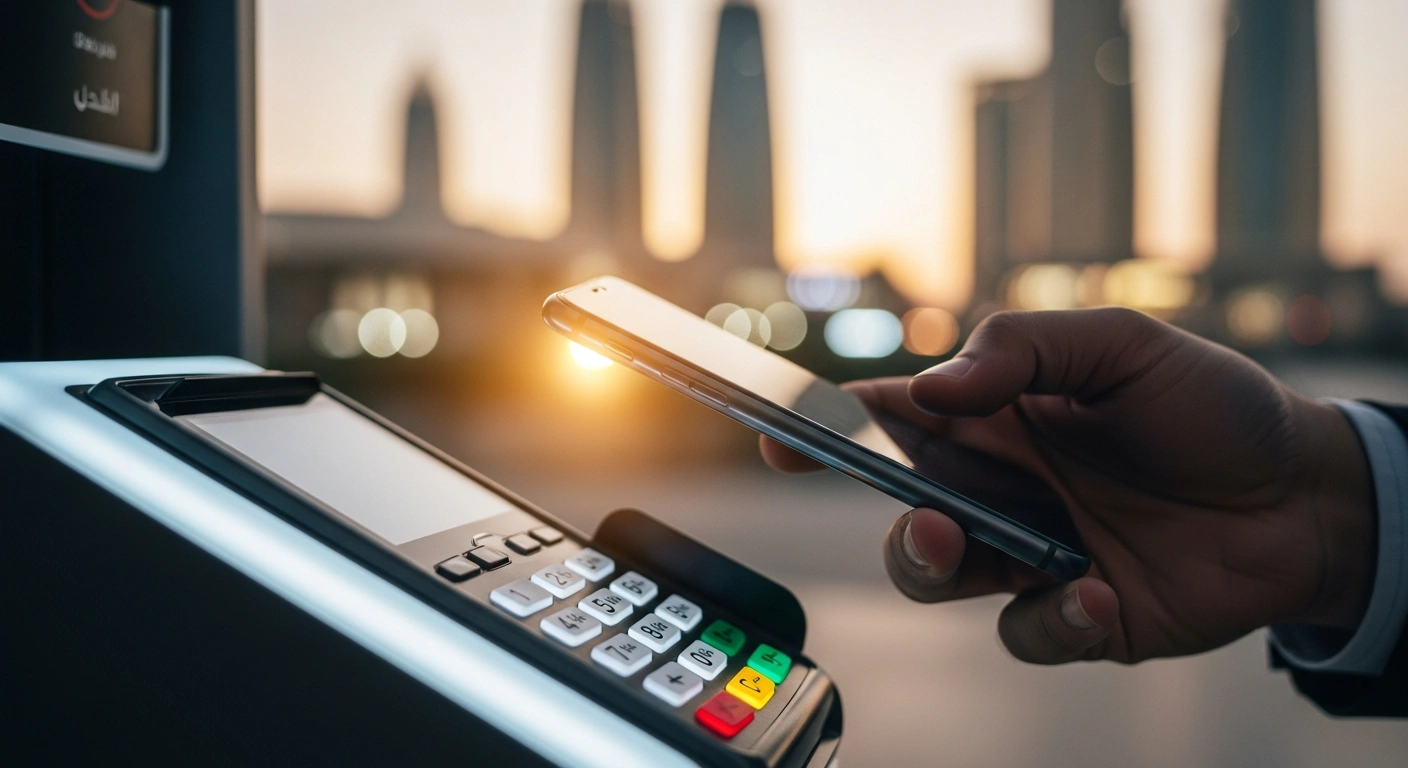 A close-up shot of a hand holding a smartphone making a contactless payment at a modern terminal, symbolizing Google Pay's official launch in Saudi Arabia and its support for the Kingdom's Vision 2030 goals for digital transformation and a cashless economy.