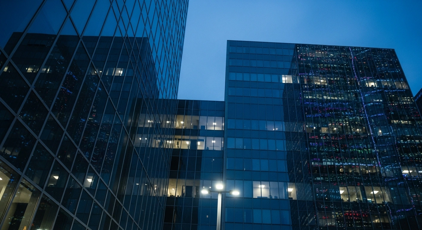 A modern glass courthouse building stands against a twilight sky, representing the legal battle between Google and trademark infringement claims in the Delhi High Court.