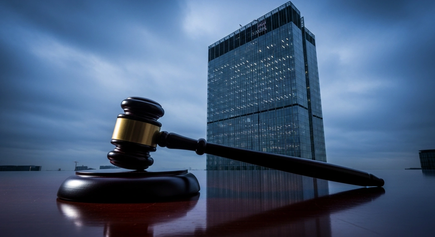 A wooden gavel sits on a desk in front of a large office building representing the legal action against Google in the UK Competition Appeal Tribunal.