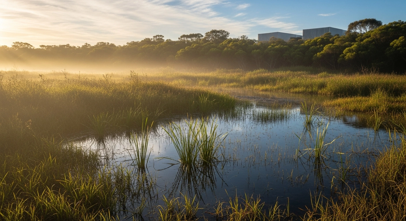 A lush, restored wetland landscape flourishes near a modern data center facility as part of Google's commitment to becoming water positive by 2030.