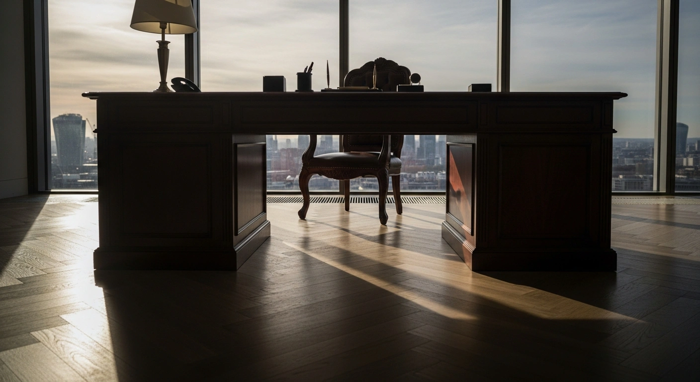 A wide, low-angle shot captures an opulent, empty London penthouse office with a large mahogany desk and a single, slightly askew high-backed leather chair, bathed in soft natural light against a panoramic city view at dusk, symbolizing the profound legacy left by Gopichand Hinduja, chairman of the Hinduja Group.