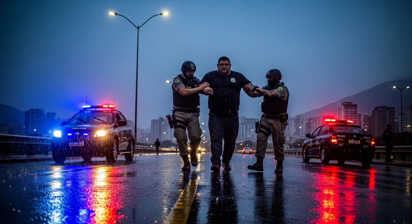 Police officers apprehend Luís Paulo Alves de Souza, known as 'Gordão,' a prominent leader of the Comando Vermelho, on a rain-slicked street in Niterói, Rio de Janeiro, under the flashing lights of a police vehicle.
