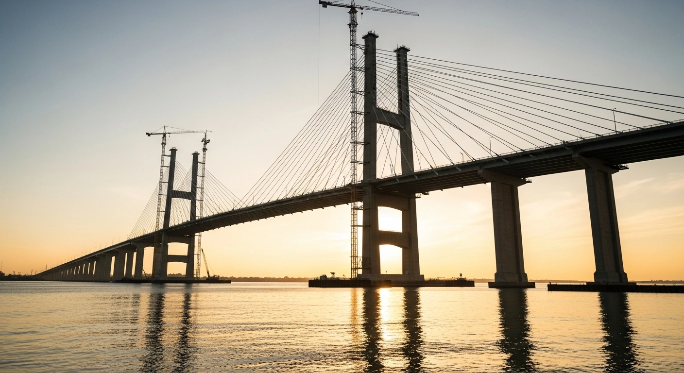 The Gordie Howe International Bridge construction site stands over the Detroit River during a sunset, representing the infrastructure project managed by the Windsor-Detroit Bridge Authority.