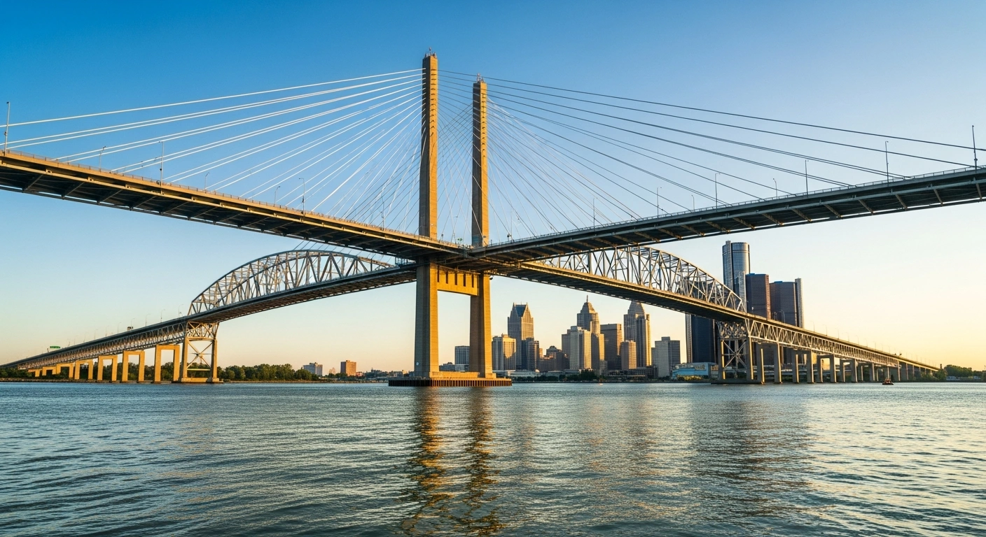 The Gordie Howe International Bridge spans the Detroit River, connecting the cities of Windsor, Ontario, and Detroit, Michigan, under a clear summer sky.