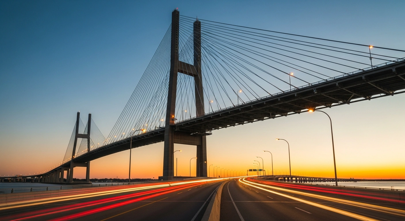 The newly opened Gordie Howe International Bridge spans the Detroit River, connecting Detroit, Michigan, and Windsor, Ontario, during a vibrant sunset.