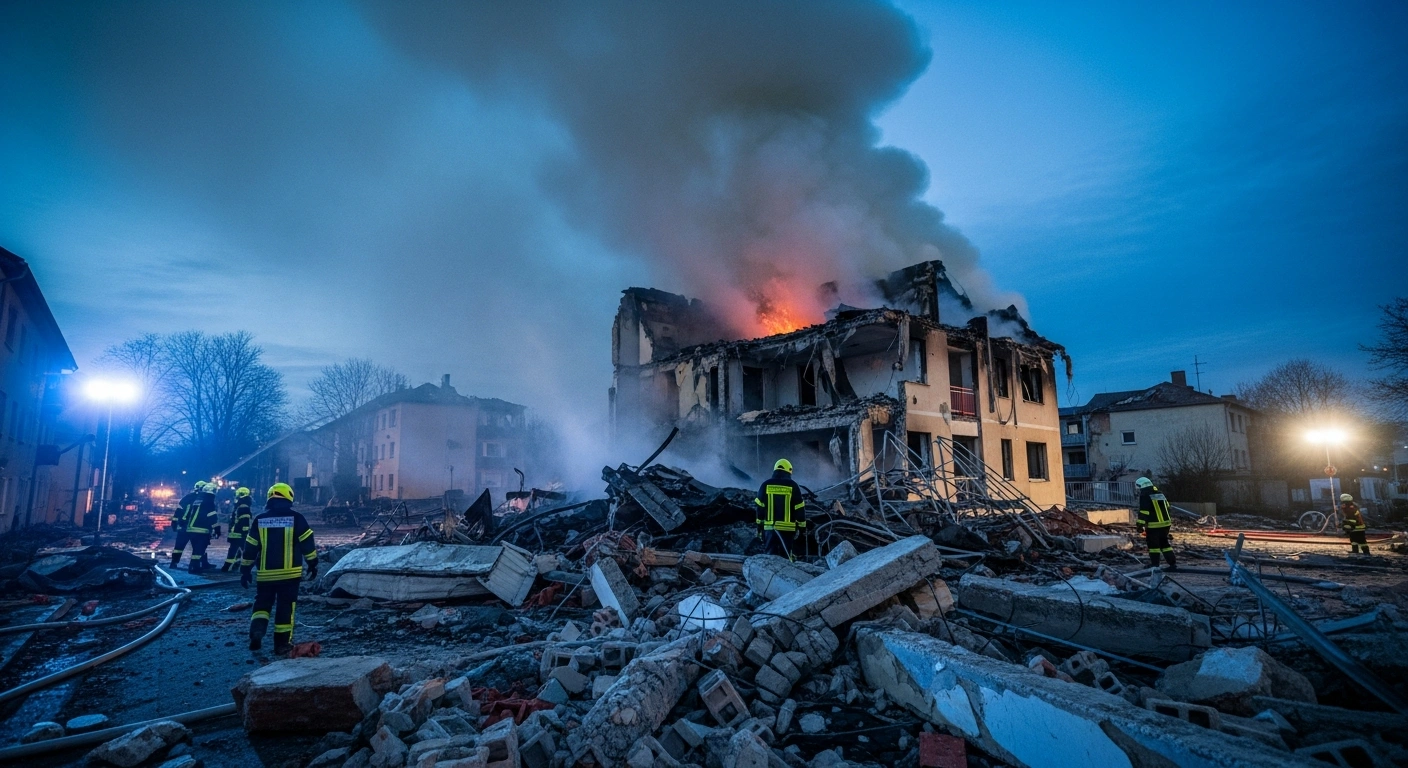 Emergency responders conduct a search and rescue operation at the site of a collapsed residential building following a gas explosion in Görlitz, Germany.
