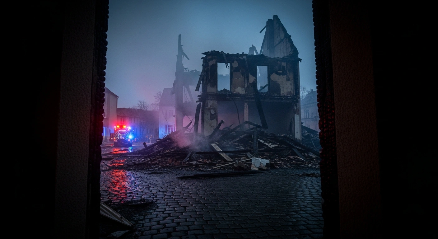 The charred remains of a residential building in Görlitz are illuminated by emergency lights following a fatal gas explosion caused by metal theft.