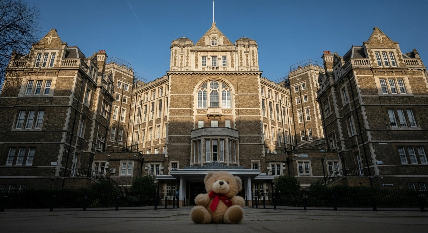 A wide, low-angle view of the grand, stone facade of Great Ormond Street Hospital, partially covered by a long shadow, with a faded child's teddy bear in the foreground, symbolizing the harm caused to 94 children through orthopaedic surgeon Yaser Jabbar's botched operations and the hospital's subsequent apology.