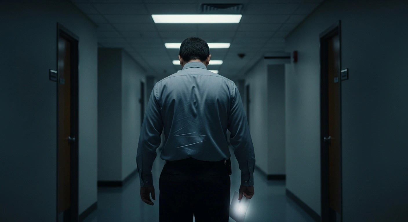 A lone federal employee stands in a dimly lit office corridor, holding a white envelope, symbolizing the Reduction in Force (RIF) notices issued by the Trump administration during the 2018-2019 government shutdown.