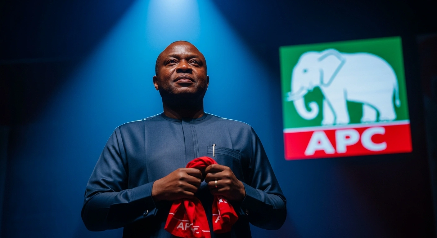 Governor Agbu Kefas stands under a dramatic spotlight, holding a red scarf, with a subtly visible APC elephant emblem in the background, representing his formal defection from the Peoples Democratic Party to the All Progressives Congress in Jalingo, Taraba State, on January 31, 2026.