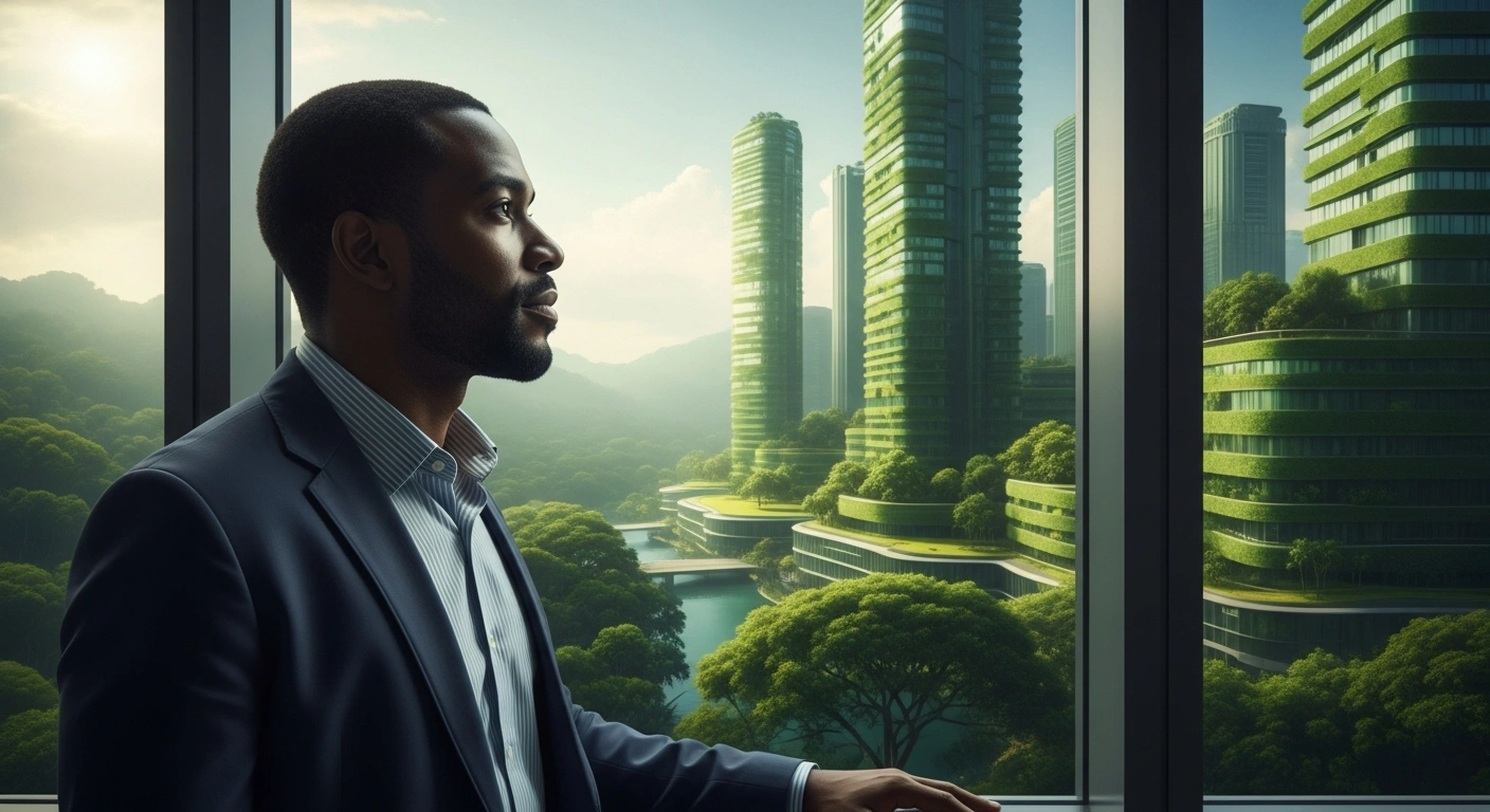 A distinguished male figure, representing Governor Eduardo Riedel of Mato Grosso do Sul, stands before a large window, gazing at a landscape where a lush Amazonian rainforest meets a modern, sustainable city skyline, symbolizing his advocacy for environmental licensing modernization and state-led climate governance at COP30 in Belém, Brazil, and the 'MS Carbon Neutral 2030' plan.