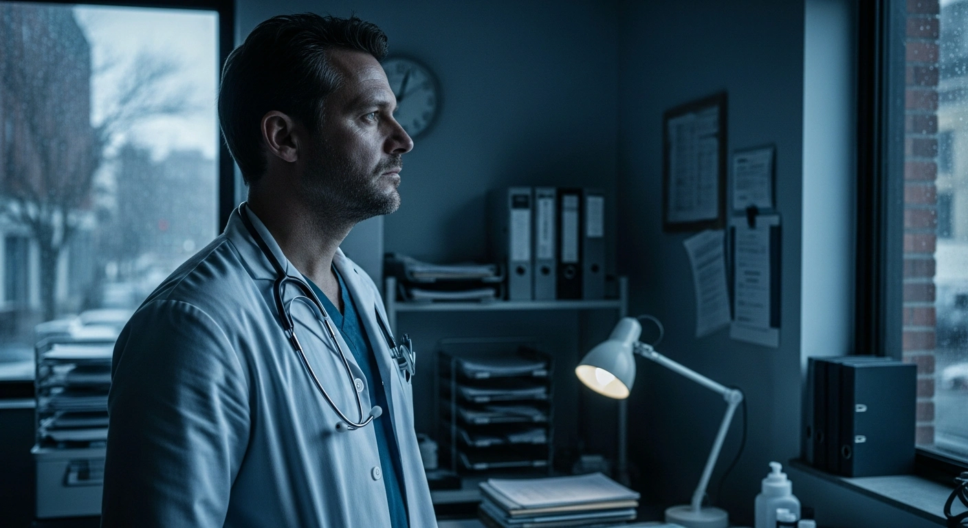 A tired general practitioner stands in a medical office reflecting on the British Medical Association's rejection of the government's 2024/25 contract changes due to workload concerns.
