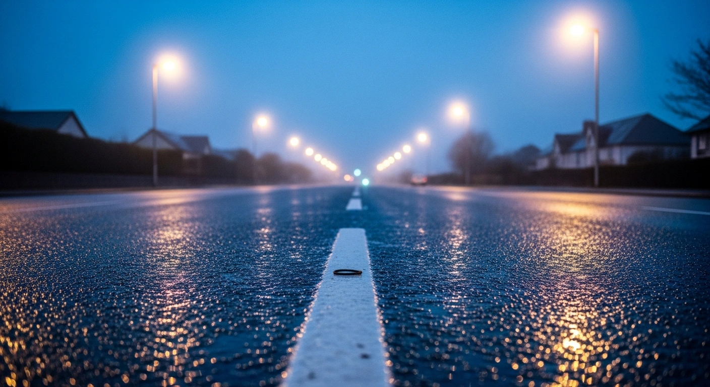 A somber, rain-slicked Ratoath Road at twilight, with streetlights reflecting on the wet asphalt and a small, discarded item in the foreground, visually representing the tragic incident where 16-year-old Grace Lynch died after being struck by a scrambler bike in Finglas, Dublin.