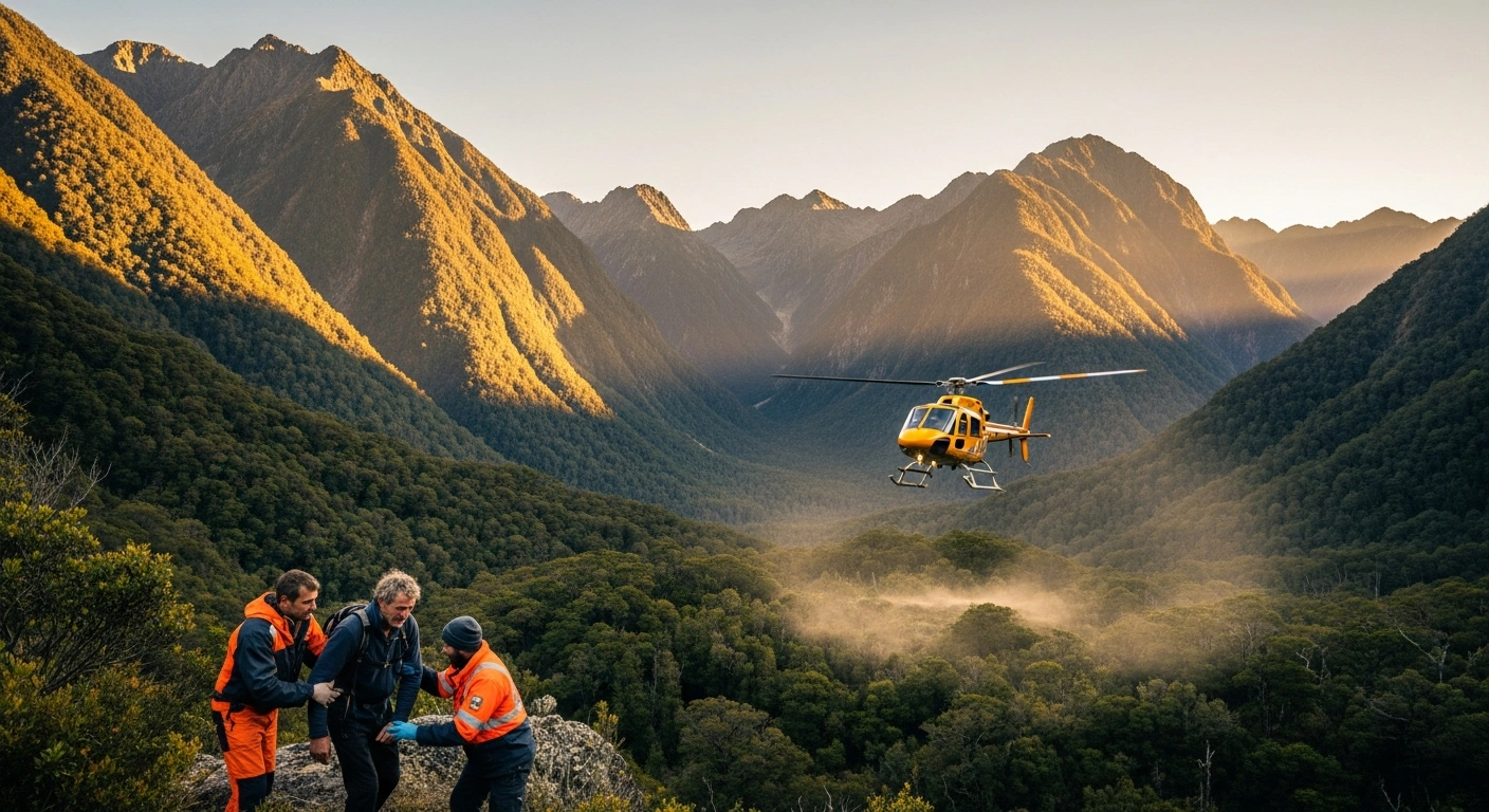 A wide, cinematic shot of New Zealand's Kahurangi National Park at sunset, showing a rescue helicopter descending towards a remote clearing where Graham Garnett, 66, is being assisted by two contractors after being found alive, ending his multi-agency search.