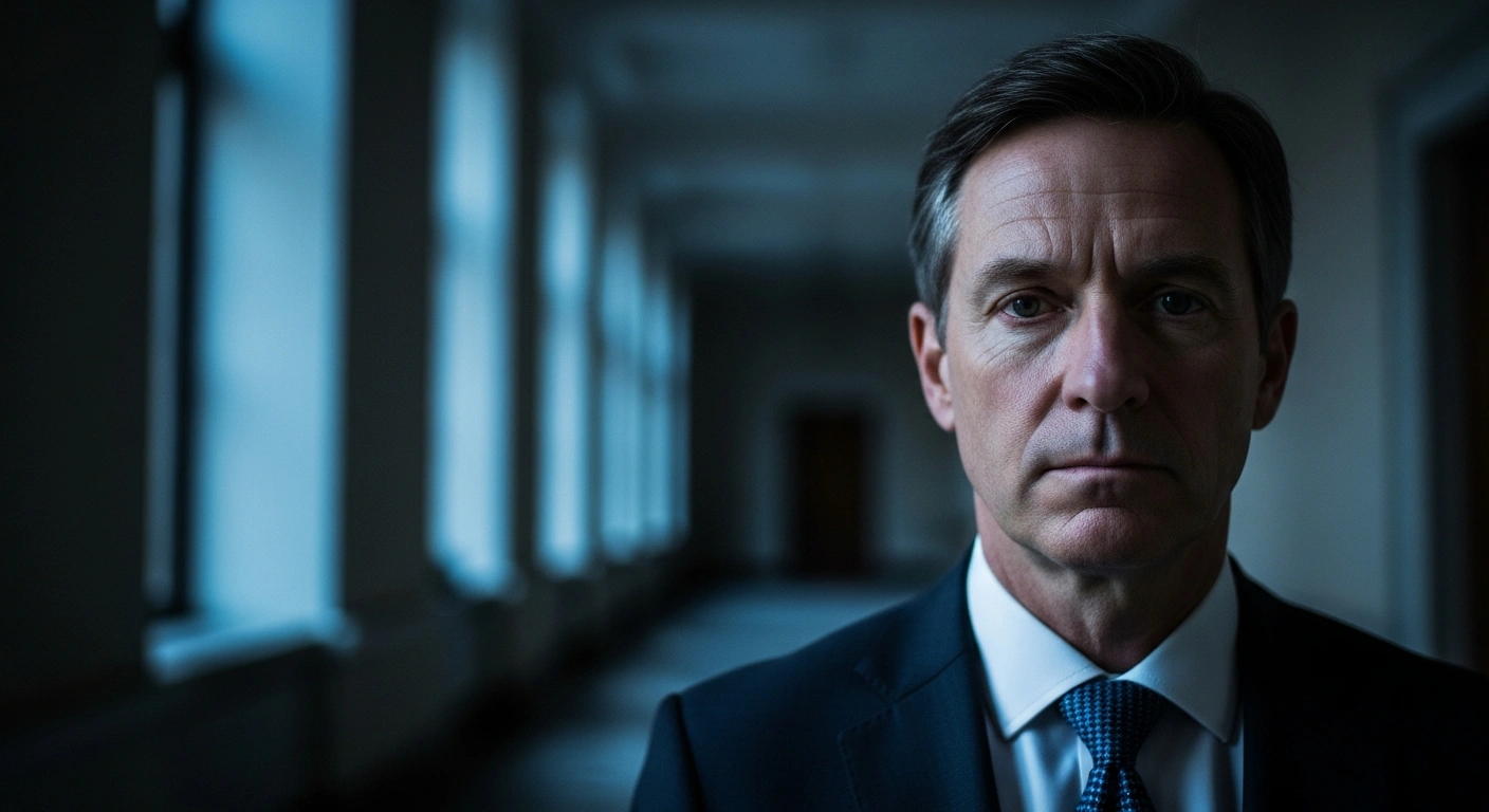 Maine Democratic Senate nominee Graham Platner stands in a dimly lit hallway while facing public pressure and allegations regarding his political campaign.