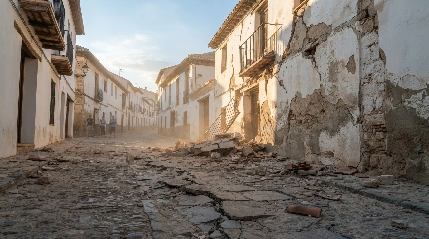 A view of a cracked cobblestone street and damaged stone walls in a Spanish village following a 5.0-magnitude earthquake in Granada.