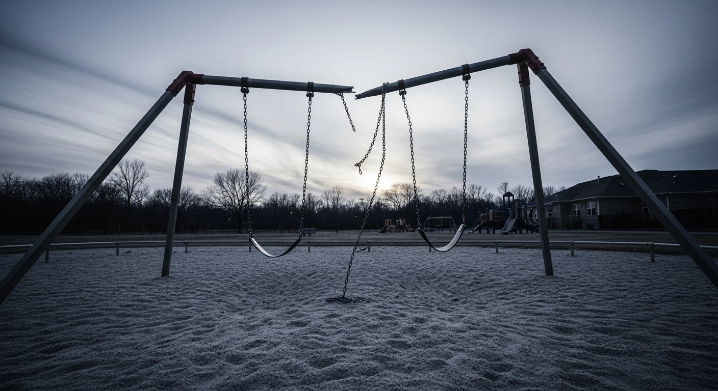 A broken swing set stands empty in a quiet playground under an overcast sky, symbolizing the investigation into the death of six-year-old Vernal 'Zion' Williams after a swing set collapsed at Caring Hands Academy in Grand Bahama, prompting a review of safety protocols.