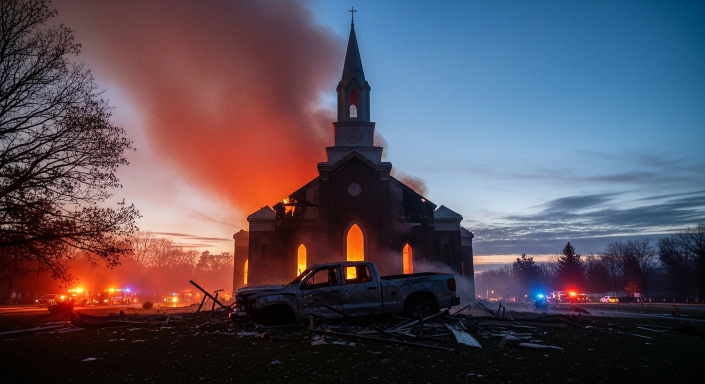 The smoldering ruins of a Church of Jesus Christ of Latter-day Saints in Grand Blanc Township, Michigan, show a pickup truck embedded in its foundation, following an attack by gunman Thomas Jacob Sanford who rammed the building, opened fire, and set it ablaze, causing multiple fatalities and injuries.