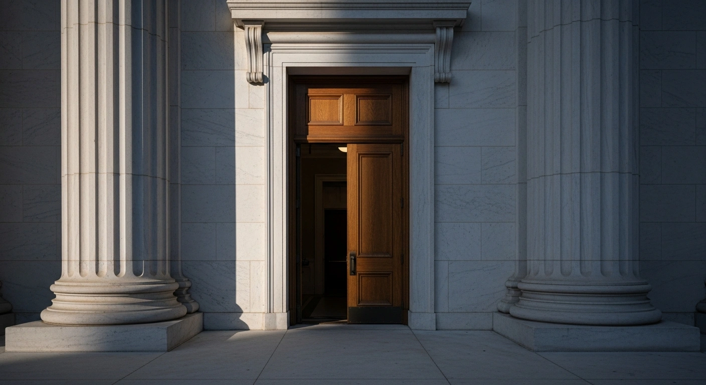 An imposing federal courthouse in Washington D.C. stands in cool pre-dawn light, its heavy oak door slightly ajar, symbolizing a federal grand jury's recent rejection of Justice Department attempts to indict six Democratic members of Congress who were targeted for urging military personnel to refuse 'illegal orders', a move condemned by former President Donald Trump.