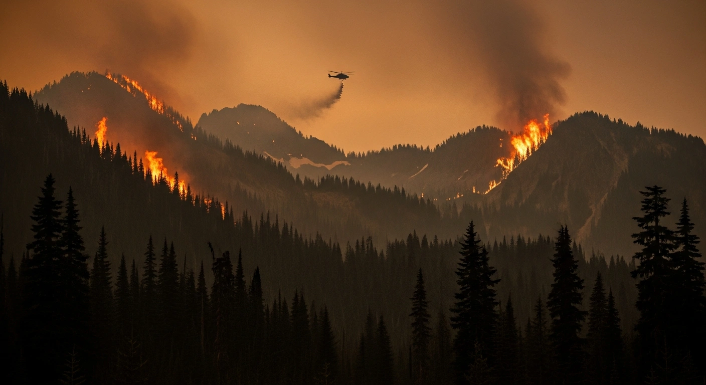 Emergency crews work to contain the Grand Park 2 wildfire as smoke rises over the rugged terrain of Mount Rainier National Park.