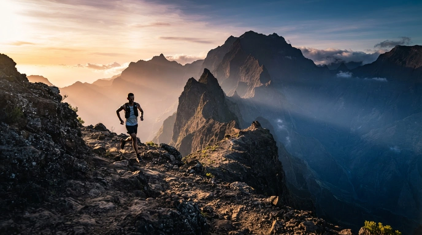 An ultra-trail runner navigates the rugged volcanic terrain of Reunion Island during the 2026 Grand Raid de la Réunion endurance race.