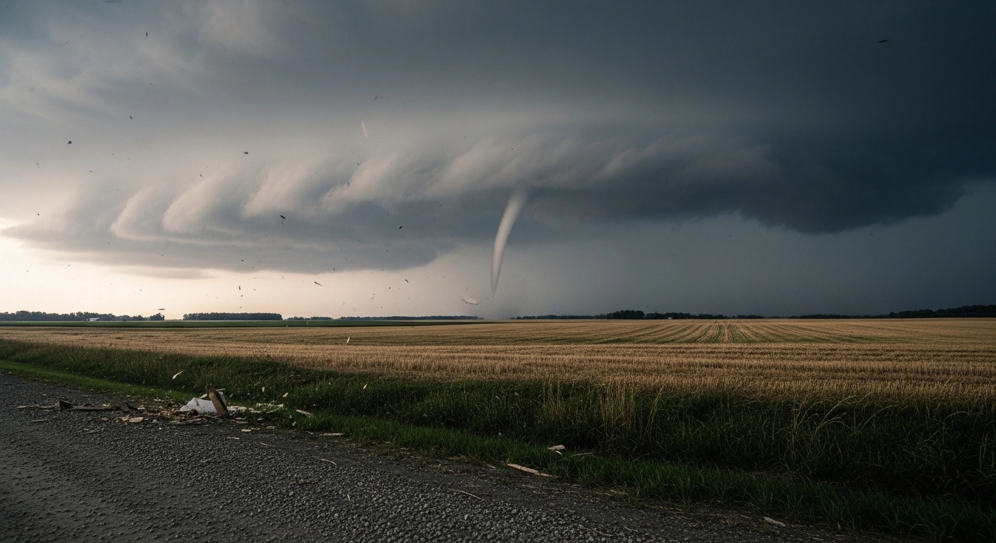 A funnel cloud from an EF-0 tornado touches down over a rural field in Granton, Ontario, marking the first confirmed tornado of the 2026 Canadian season.