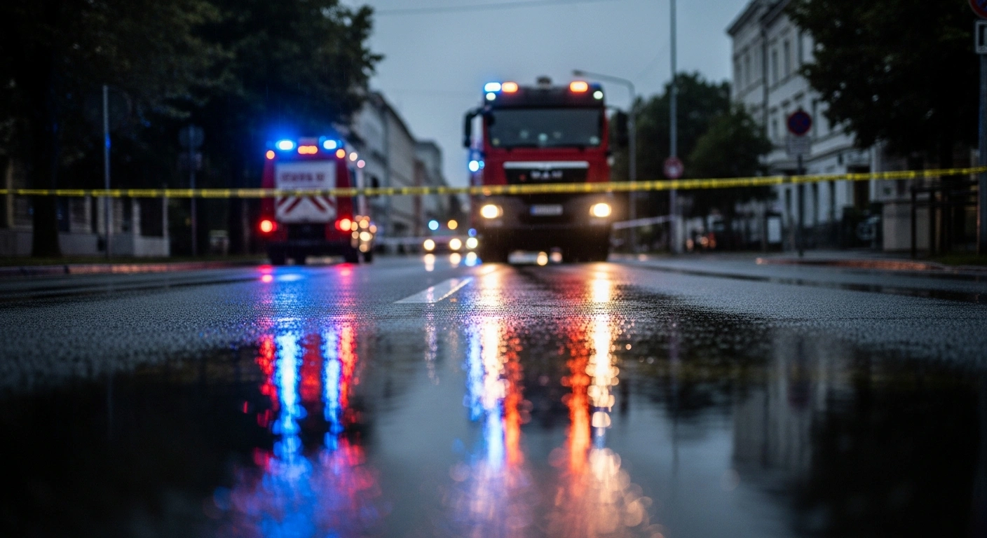 Emergency responders investigate the scene of a fatal traffic accident involving a truck and a pedestrian on a street in Graz, Austria.