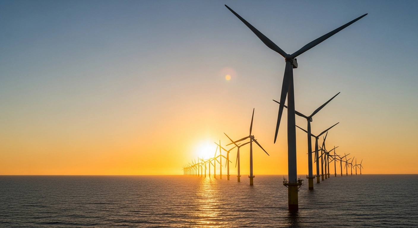 A wide-angle shot at sunset shows numerous towering offshore wind turbines with rotating blades stretching across the ocean, symbolizing Great Britain's new 8.4 gigawatt wind farm projects expected to power 12 million homes and unlock £22 billion in investment.