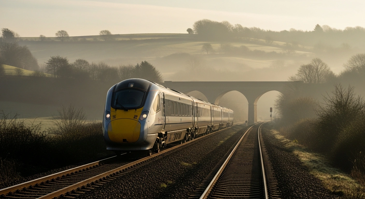 A sleek, modern train, symbolizing the newly formed Great British Railways (GBR) and its unification of UK passenger services and rail infrastructure, glides through a misty British countryside at dawn, with a classic railway bridge in the background.