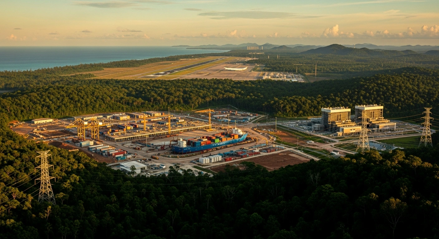 An aerial view shows the ongoing construction of a major port, airport, and power plant infrastructure project on the coast of Great Nicobar Island in the Indian Ocean.