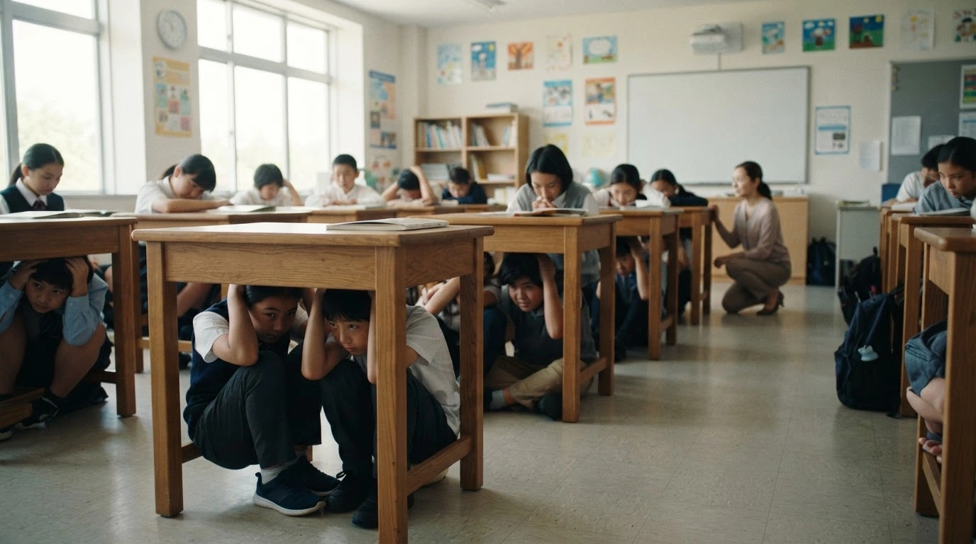 Students in a classroom practice the drop, cover, and hold on technique during the 2026 Great ShakeOut earthquake preparedness exercise.