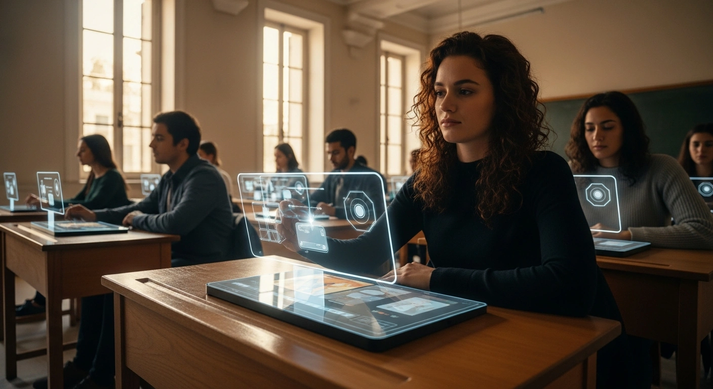 Students use advanced artificial intelligence tools in a traditional Greek classroom setting under a new government regulatory framework.