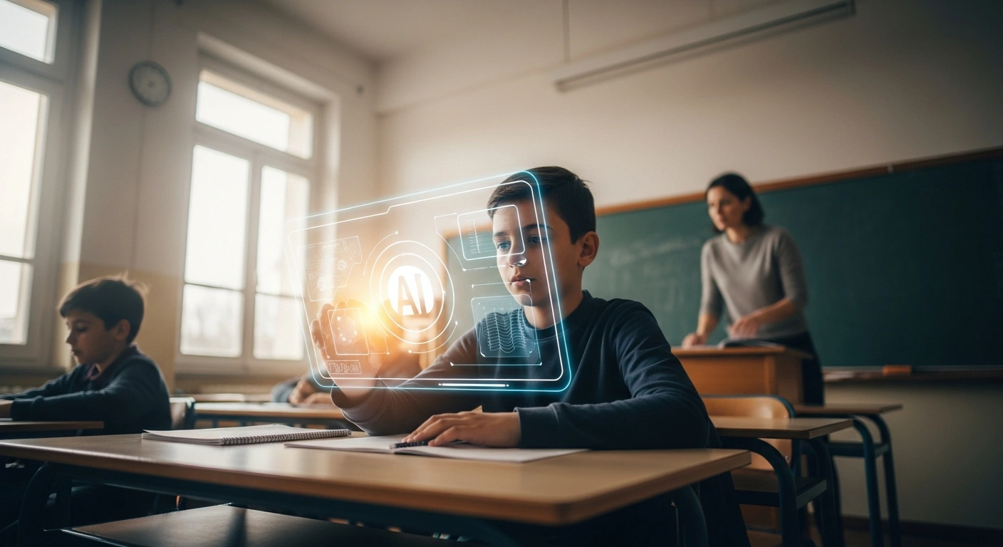 A student and teacher use advanced technology in a Greek classroom as part of the government's new ethical artificial intelligence educational framework.