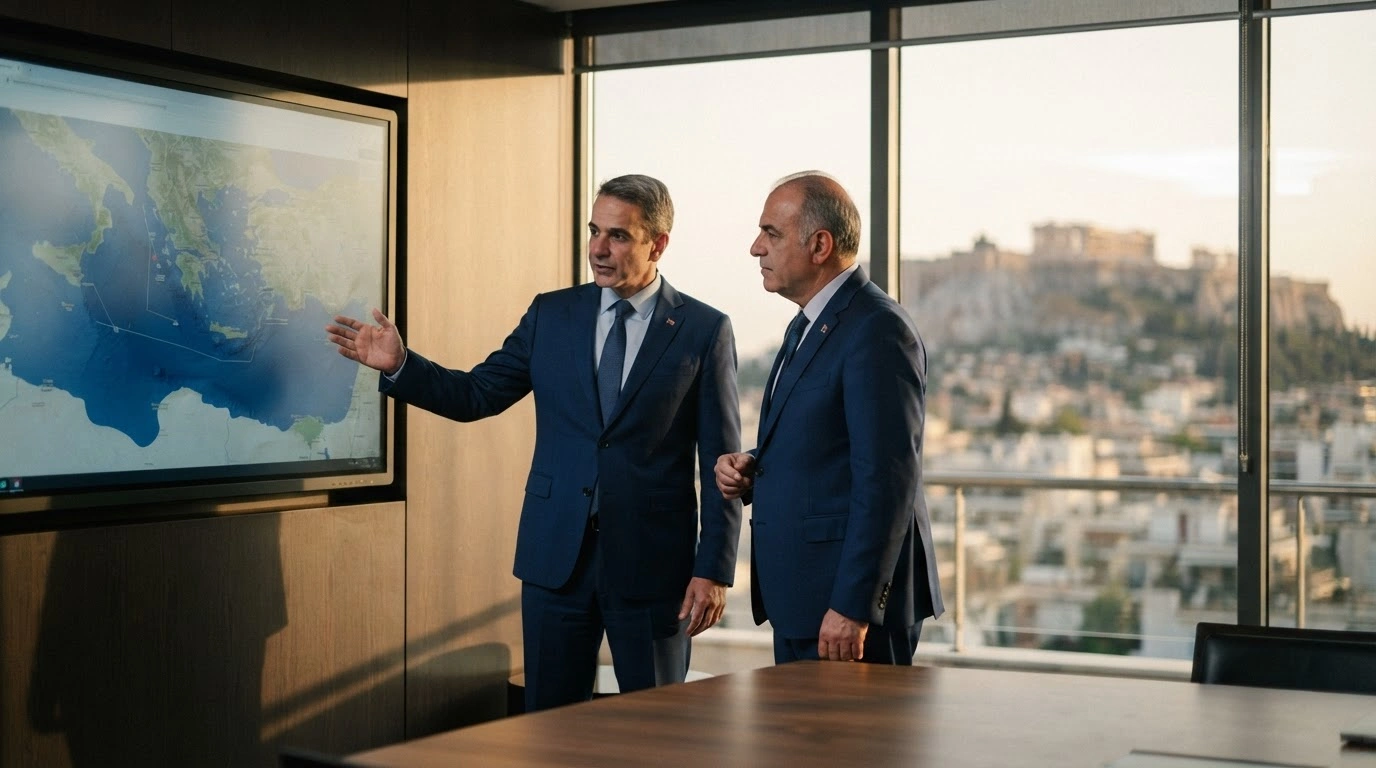 The defense ministers of Greece and Cyprus stand together in an Athens office to discuss military coordination and regional security in the Eastern Mediterranean.