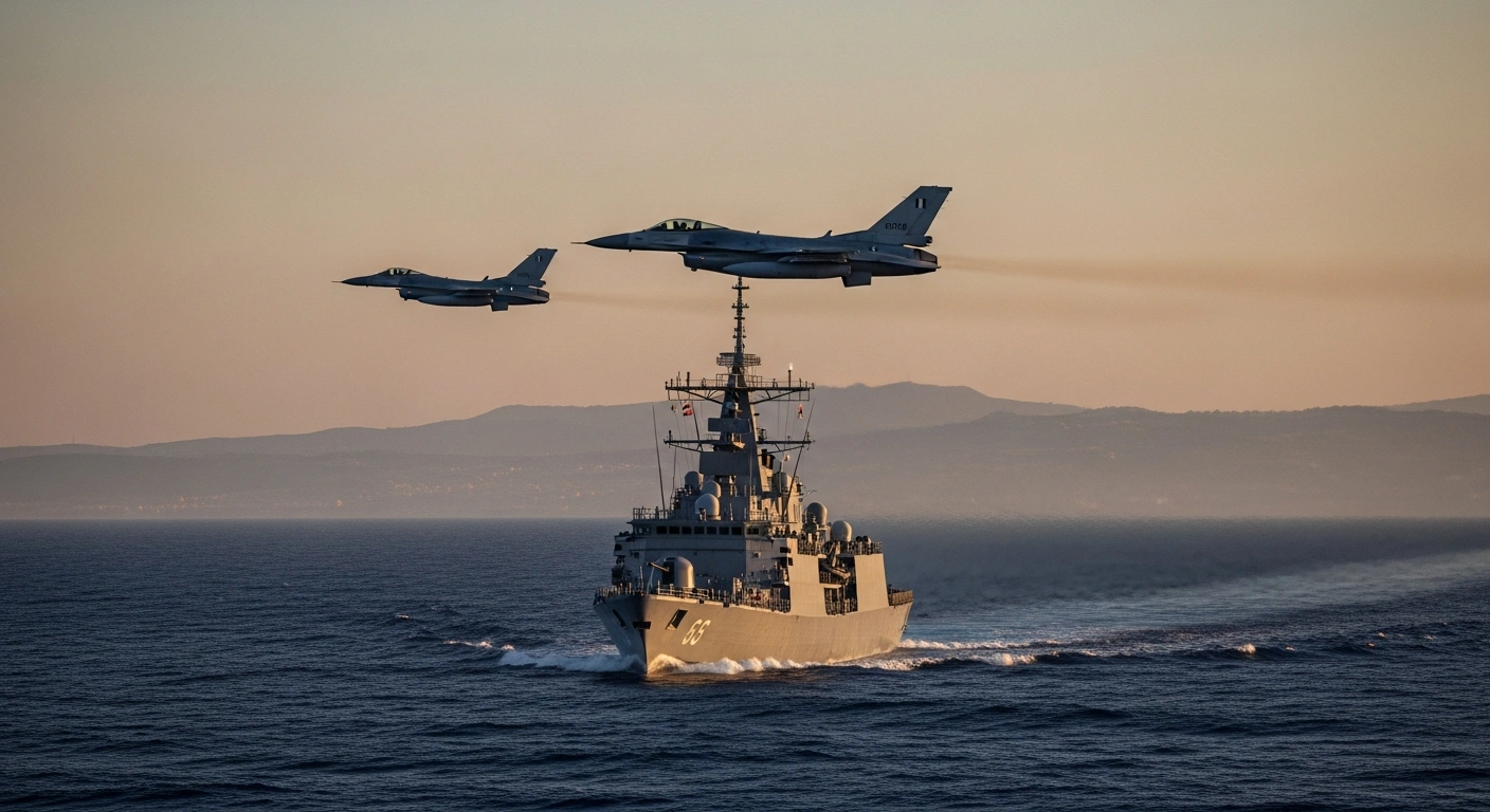 Greek F-16 fighter jets fly in formation over a Greek frigate in the Mediterranean Sea near Cyprus, symbolizing Greece's military deployment in response to a drone strike on RAF Akrotiri and escalating regional tensions.