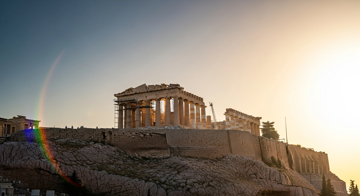 The Parthenon in Athens, Greece, is illuminated by the warm light of a long spring sunset following the transition to daylight saving time.
