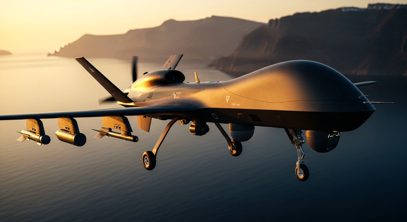 A modern military surveillance drone flies over the Greek coastline during sunset to represent Greece's new domestic defense technology initiative.