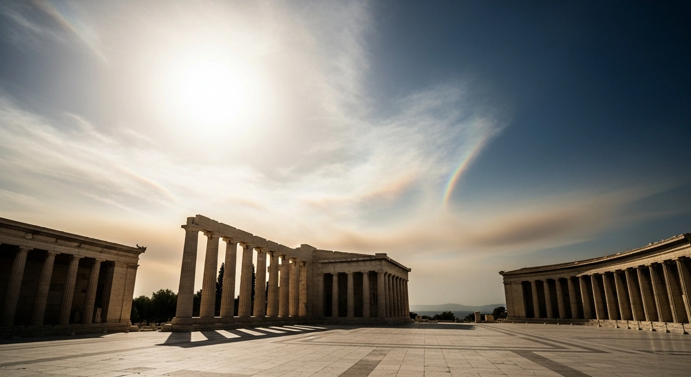 A sun-drenched Greek plaza experiences an intense early-summer heatwave with shimmering heat haze rising from the ground.