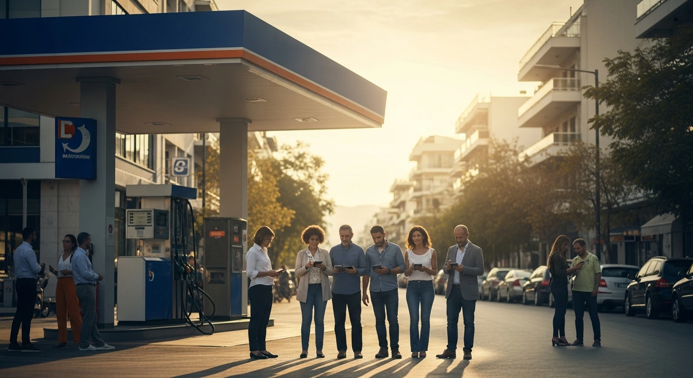 A group of Greek citizens and business owners stand near a fuel station in Athens, representing the government's new financial support package for rising costs.