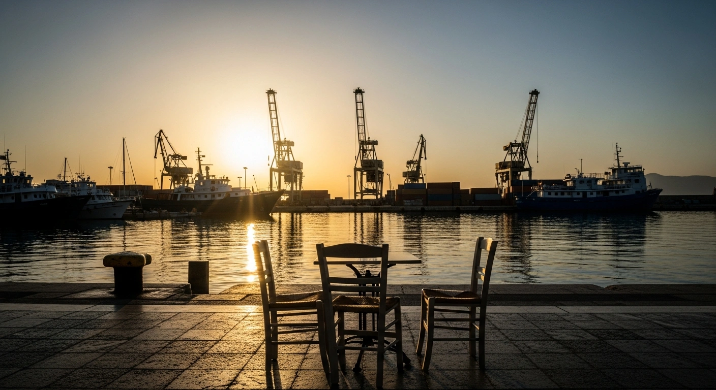 A wide, sun-drenched shot of a Greek harbor at dawn, showing bustling docks representing improved balance of goods, contrasted with a single, empty, shadowed cafe table symbolizing reduced travel receipts, reflecting Greece's decreased current account deficit in September 2025.