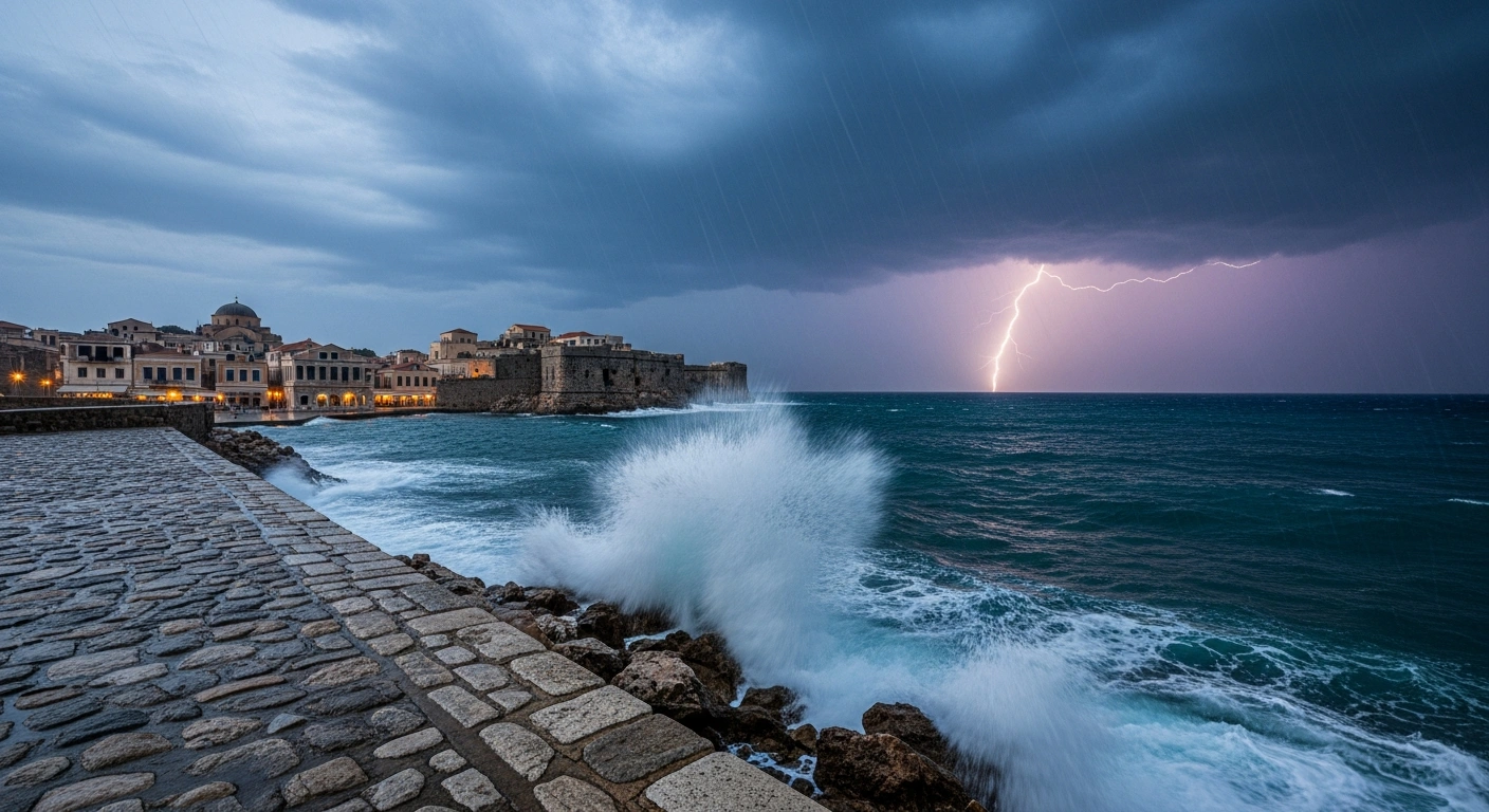A severe storm with heavy rain and lightning strikes the coast of Greece as meteorologists issue emergency weather warnings.