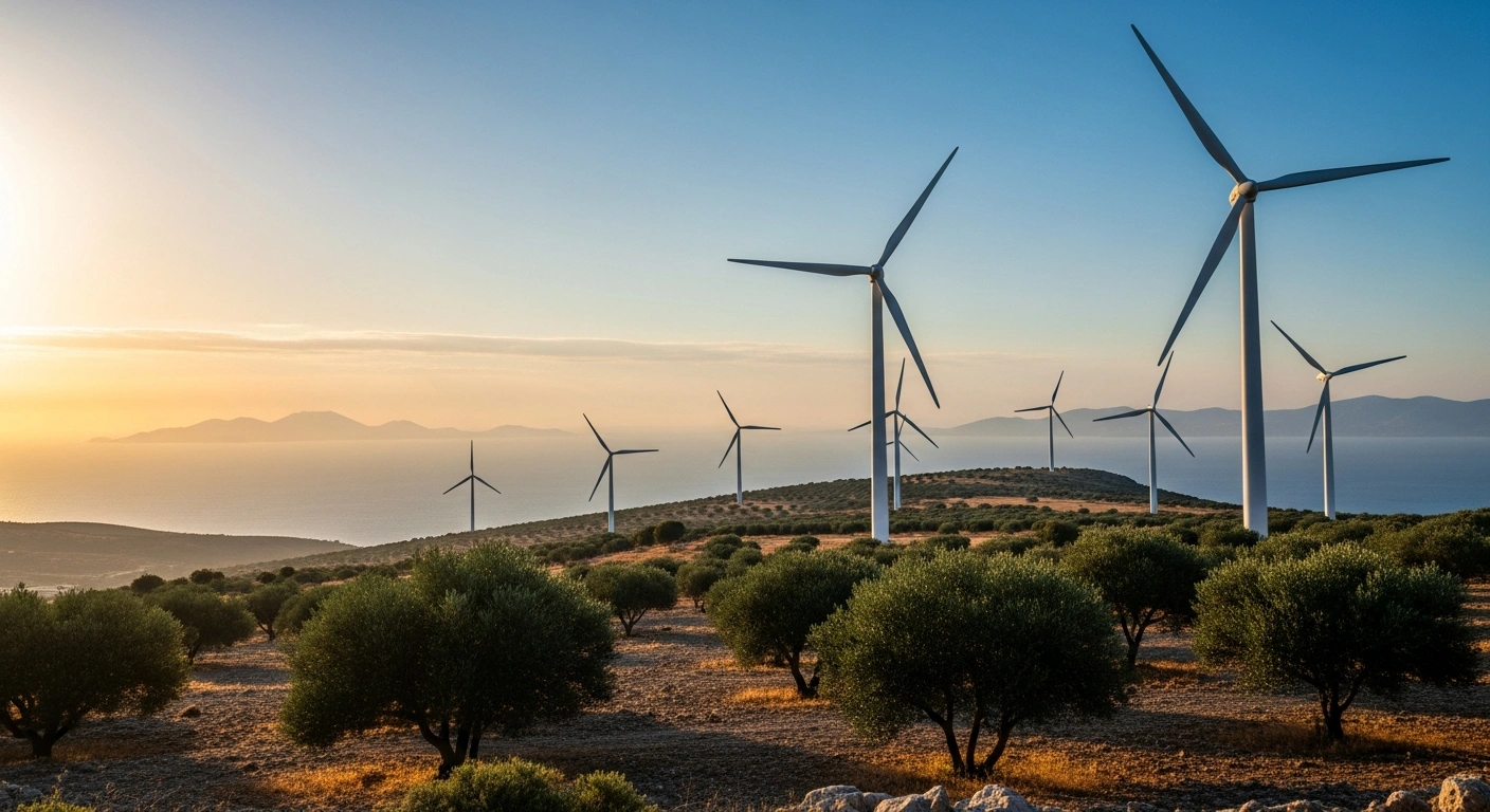 A wide, cinematic view of a sun-drenched Greek landscape at golden hour, featuring modern wind turbines and ancient olive groves, symbolizing Greece's robust and diversified energy strategy and adequate energy supply as confirmed by its Ministry of Environment and Energy.