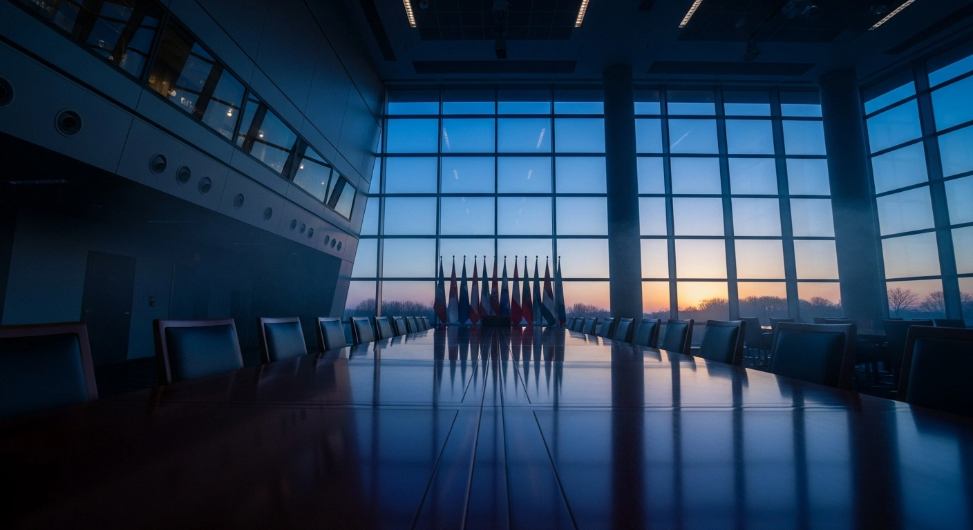An empty conference room symbolizes the diplomatic tension between Greece, the European Union, and Turkey regarding the exclusion of Cyprus from the COP31 climate conference.