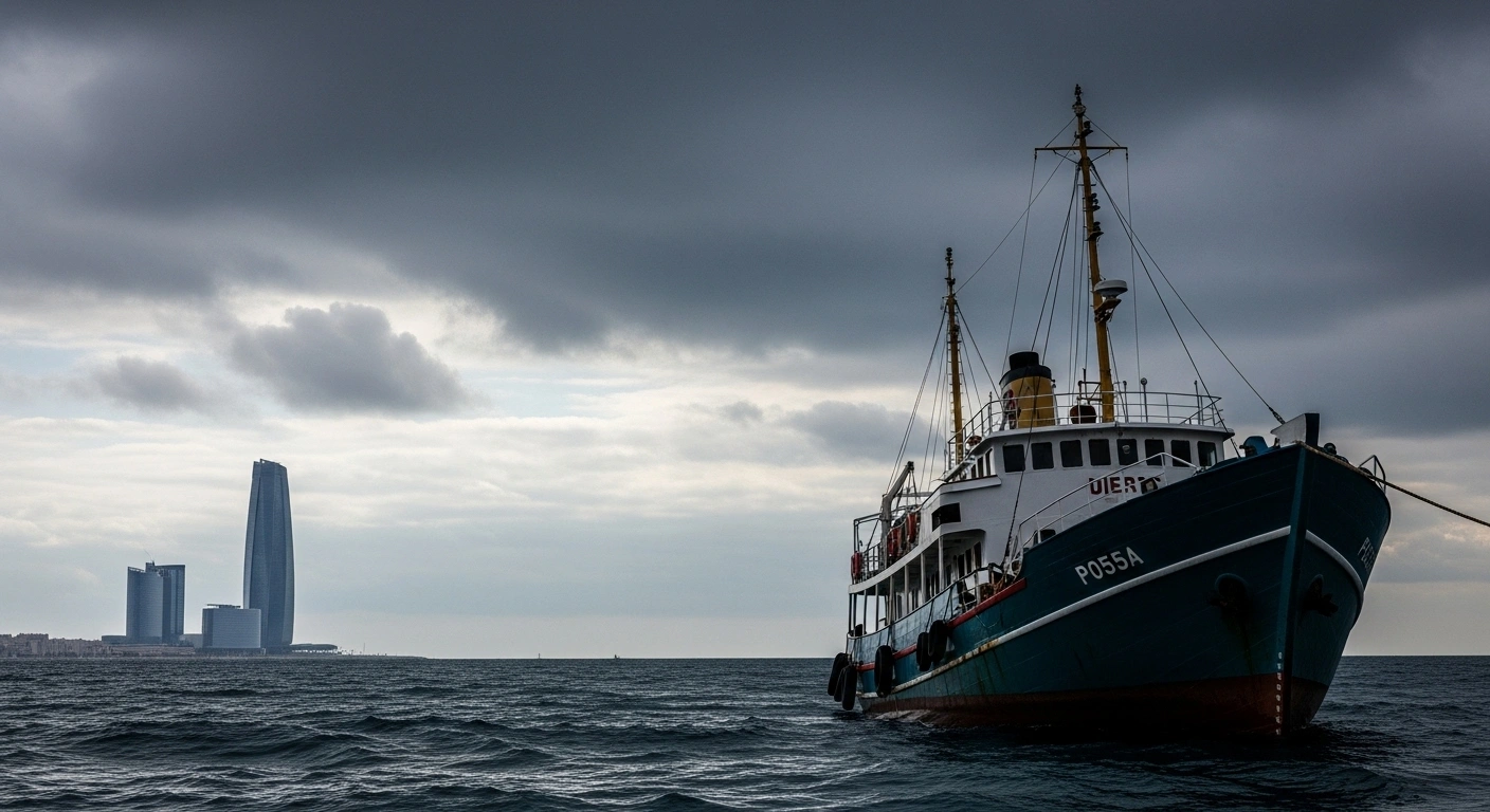 A weathered Greek cargo ship navigates a turbulent, dark grey sea under brooding clouds, with a sleek, modern glass skyscraper representing the EU visible on the distant horizon, illustrating Greece's refusal to endorse the EU's net-zero shipping framework for COP30 due to economic concerns.