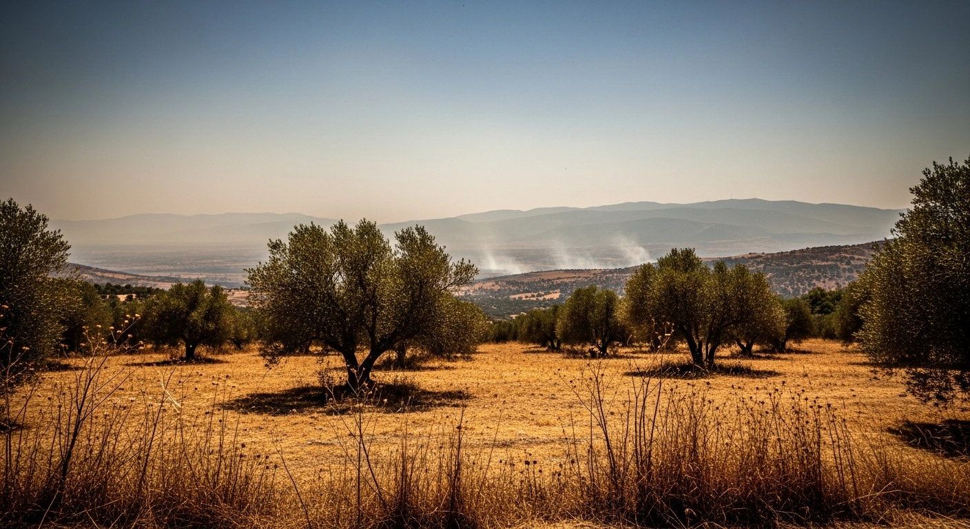 A parched and dry Greek landscape under a hot sun represents the extreme wildfire risk alert issued by civil protection authorities.