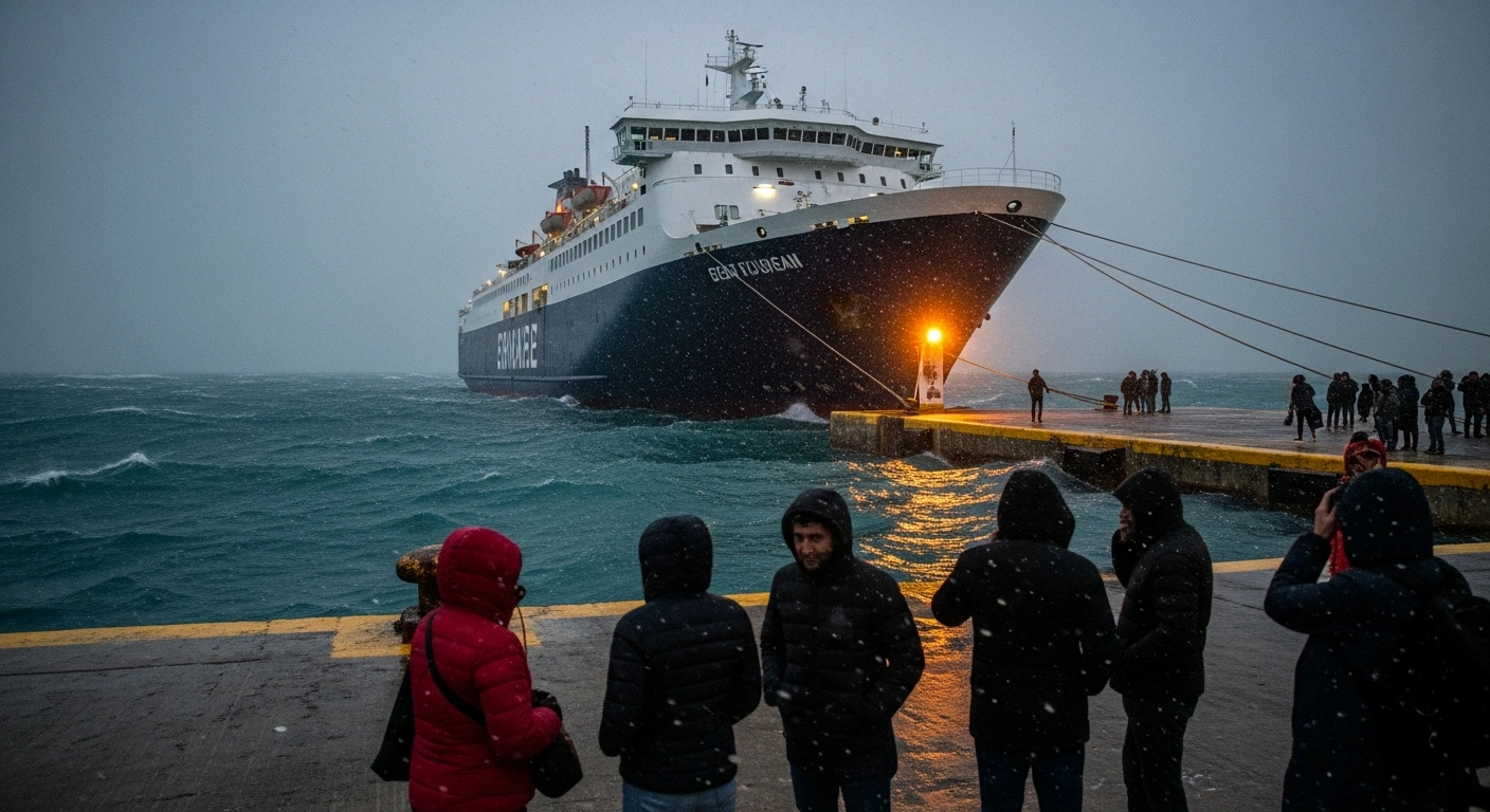 A wide shot depicts a large ferry docked motionless at a Greek port, with bundled passengers standing on the pier as gale-force winds whip the slate-grey sea and light snow begins to fall, illustrating the disruption of ferry services and stranding of thousands due to severe weather.